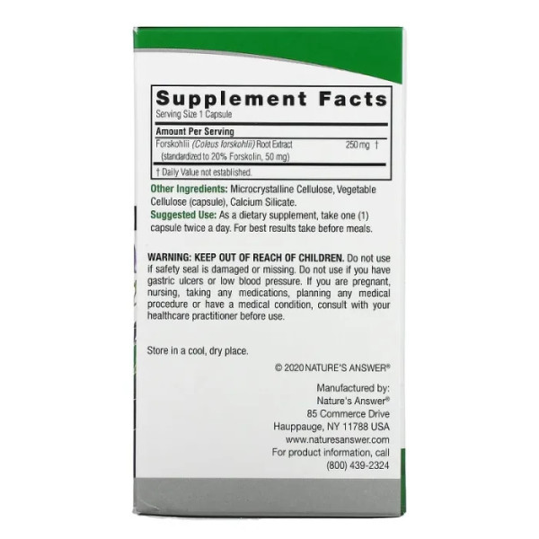 Колеус форсколіі (форсколін), Forskohlii, Nature's Answer, 250 мг, 60 капсул