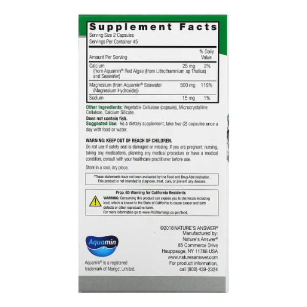 Магний, Marine Based Magnesium, Nature's Answer, морского происхождения, 250 мг, 90 вегетарианских капсул