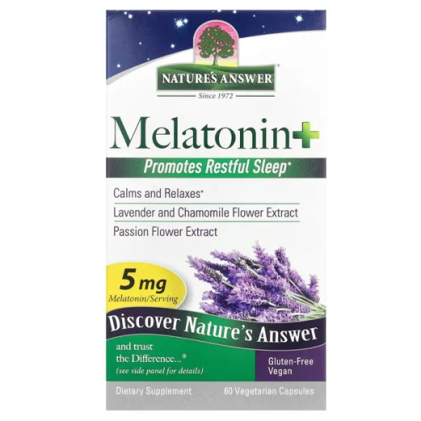 Мелатонін +, Melatonin +, Nature's Answer, 5 мг, 60 вегетаріанських капсул