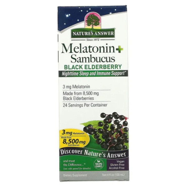 Мелатонін + бузина, Melatonin Sambucus, Nature's Answer, нічний сон та підтримка імунітету, 120 мл