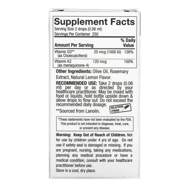 Вітаміни D3 і K2, Vitamin D3 & K2, Nature's Answer, 25 мкг (1000 МО) і 120 мкг, 15 мл