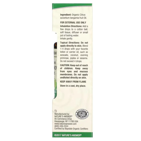 Ефірна олія бергамота, Bergamot, Nature's Answer, 100% чиста органічна, 15 мл