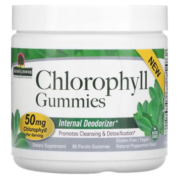 Хлорофіл, Chlorophyll Gummies, Nature's Answer, натуральна м'ята, 25 мг, 60 жувальних цукерок з пектином