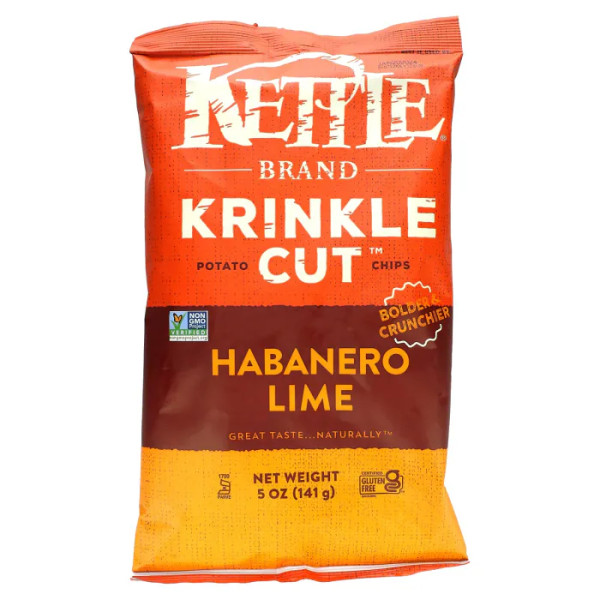 Картопляні чіпси, Krinkle Cut, Potato Chips, Kettle Foods, перець хабанеро та лайм, 141 г