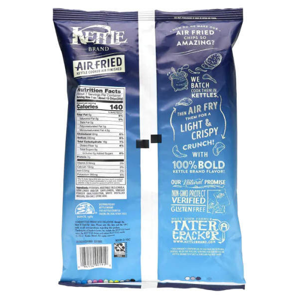 Картопляні чіпси, смажені на повітрі, Air Fried Potato Chips, Kettle Foods, морська сіль та оцет, 184 г