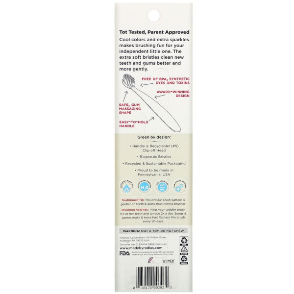 Зубна щітка для дітей, Totz Brush, Radius, від 18 місяців, екстра м'яка, синій блиск, 1 шт