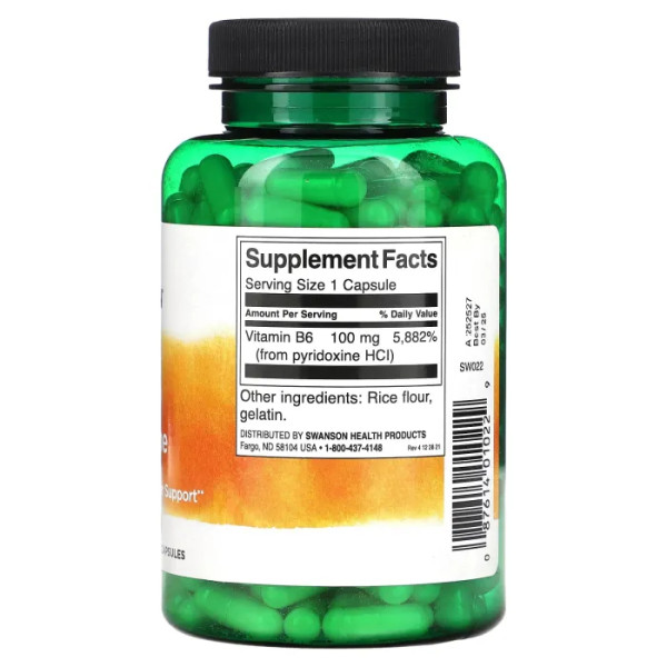 Піридоксин B6, Vitamin B6 Pyridoxine, Swanson, 100 мг, 250 капсул