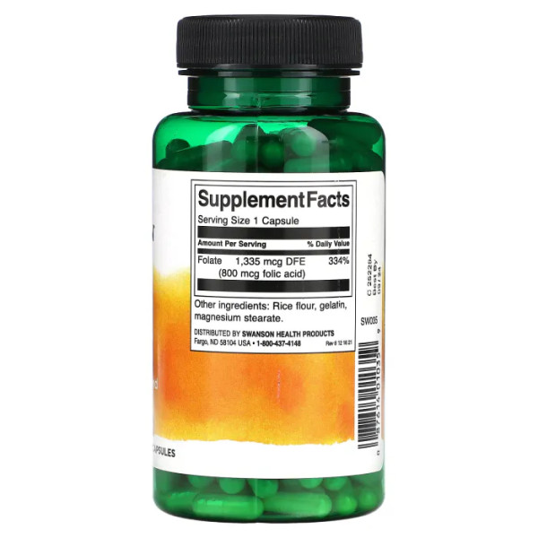 Фолиевая кислота, Folic Acid, Swanson, 800 мкг (1335 мкг DFE), 250 капсул
