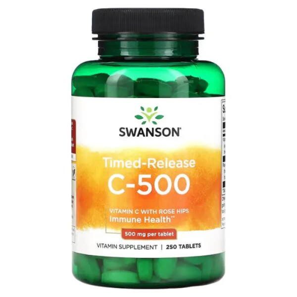 Вітамін С з шипшиною, Timed-Release Vitamin C, Swanson, із уповільненим вивільненням, 500 мг, 250 таблеток