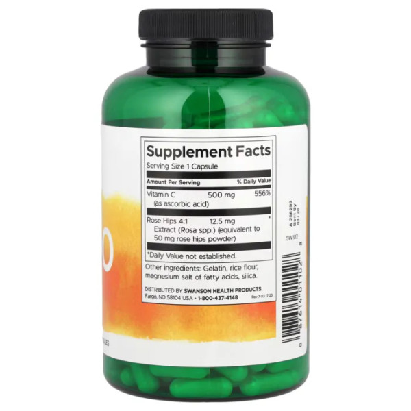Вітамін C з шипшиною, Vitamin C, Swanson, 500 мг, 250 капсул