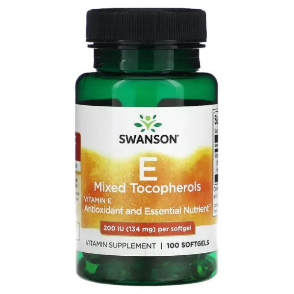 Вітамін Е, Vitamin E Mixed Tocopherols, Swanson, зі змішаними токоферолами, 200 МО (134 мг), 100 гелевих капсул