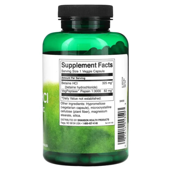 Бетаїн гідрохлорид, Betaine HCl Hydrochloric Acid, Swanson, з рослинною пептазою, 250 вегетаріанських капсул