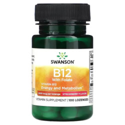 Витамин B12 с фолатом 1000 мкг пастилки, вкус клубники, Swanson Vitamin B12 with Folate, 100 пастилок
