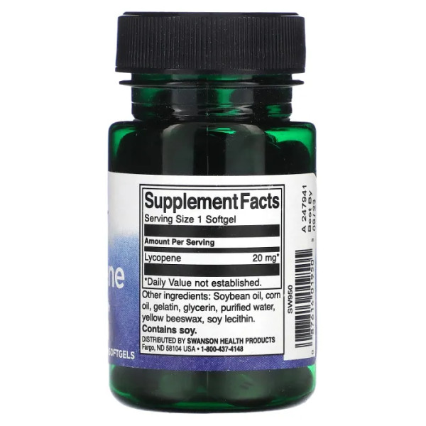 Лікопін, здоров'я простати, Lycopene, Swanson, 20 мг, 60 гелевих капсул