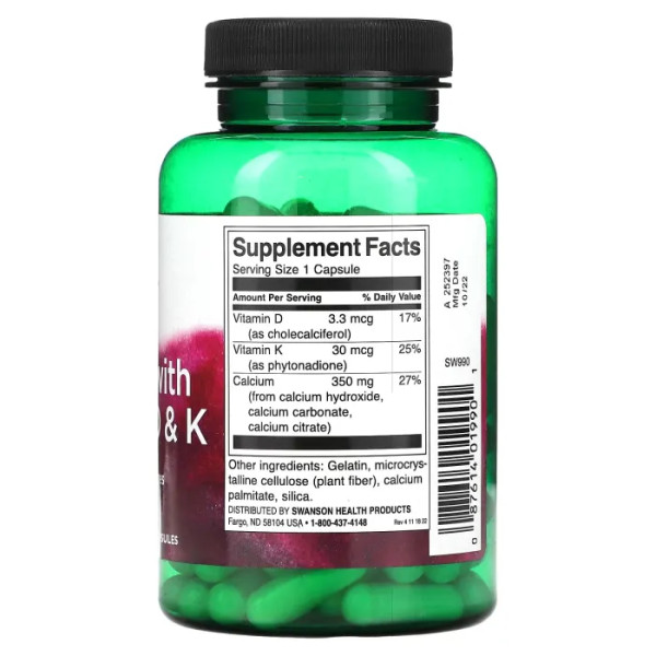 Кальцій, Calcium with Vitamins D&K, Swanson з вітамінами D та K, 100 капсул