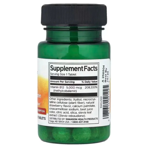 Вітамін В12 (метилкобаламін), Ultra Vitamin B-12 Methylcobalamin, Swanson, висока абсорбція, полуничний смак, 5000 мкг, 60 таблеток