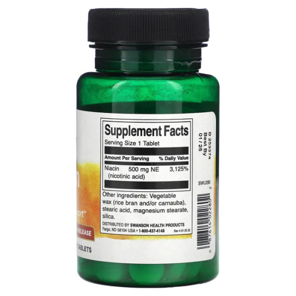Ніацин, Niacin, Swanson, із уповільненим вивільненням, 500 мг, 90 таблеток