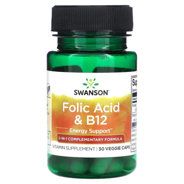Фолієва кислота + В12, Folic Acid & B12, Swanson, 30 вегетаріанських капсул