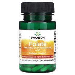 Фолат 800 мкг, Swanson Folate, 5-метилтетрагидрофолиевая кислота, 30 растительных капсул