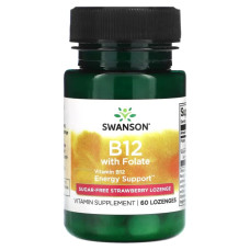 Вітамін B12 з фолієвою кислотою, Swanson Ultra Vitamin B 12 with Folic Acid, смак полуниці, 60 льодяників