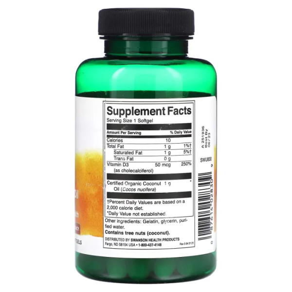 Вітамін D3, D3 with Coconut Oil, Swanson, з кокосовим маслом, 2000 МО, 60 капсул