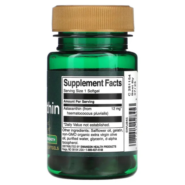 Астаксантин, Astaxanthin, Swanson, 12 мг, 30 капсул
