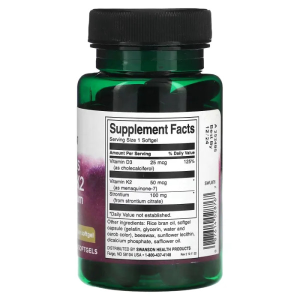 Вітаміни D3 та K2, Vitamins D3 та K2 з Strontium, Swanson, зі стронцієм, 1000 МО (25 мкг), 60 гелевих капсул