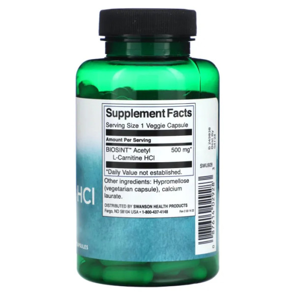 Ацетил L-карнітин гідрохлорид, Acetyl L-Carnitine HCl, Swanson, 500 мг, 120 рослинних капсул