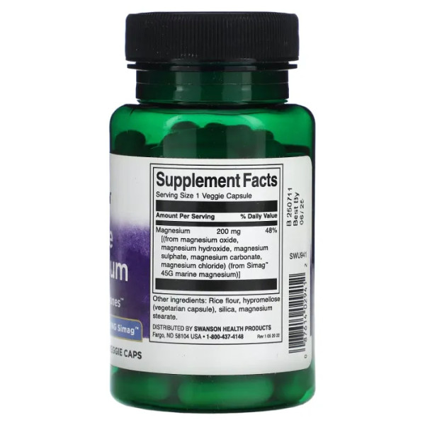 Магній морський, Marine Magnesium, Swanson, 200 мг, 60 рослинних капсул