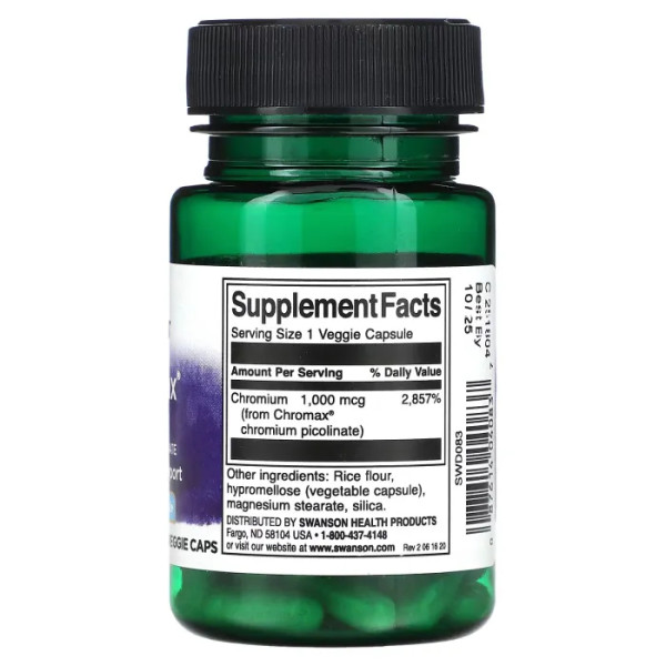 Піколінат хрому, Chromax 1000, Swanson, 1000 мкг, 60 рослинних капсул