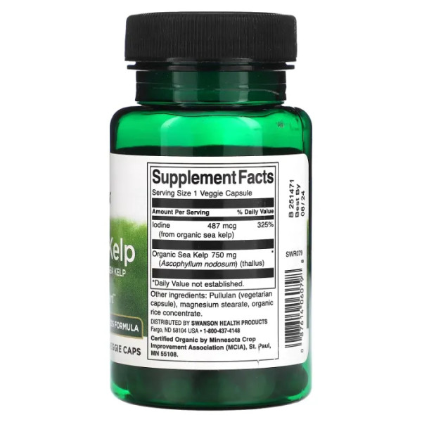 Ламінарія, Scottish Kelp, Swanson, з органічних морських водоростей, 750 мг, 30 рослинних капсул