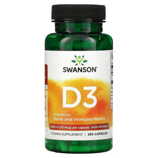 Вітамін D3, Vitamin D-3, Swanson, 1000 МО (25 мкг), високоефективний, 250 капсул
