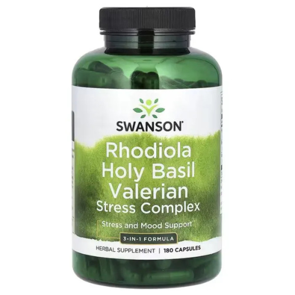 Родіола, базилік та валеріана, Rhodiola Holy Basil Valerian Stress Complex, Swanson, комплекс, 180 капсул