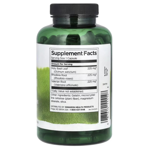 Родіола, базилік та валеріана, Rhodiola Holy Basil Valerian Stress Complex, Swanson, комплекс, 180 капсул