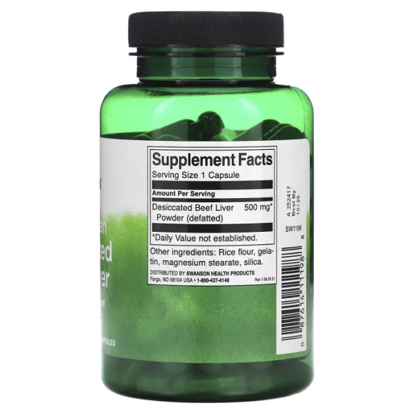 Яловича печінка, Desiccated Beef Liver, Swanson, сушена, 500 мг, 120 капсул