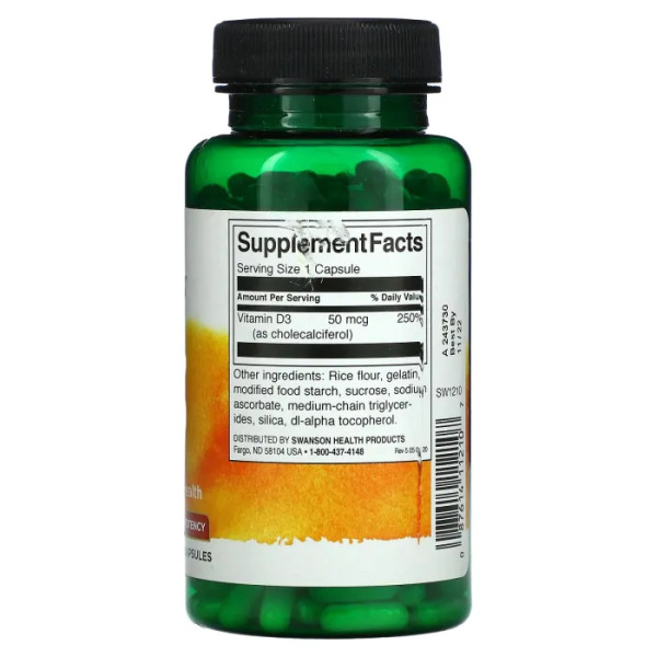 Вітамін D3, Vitamin D3, Swanson, високоефективний, 2000 МО (50 мкг), 250 капсул