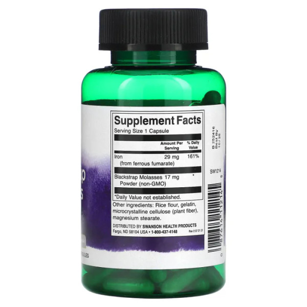 Чорна патока із залізом, Blackstrap Molasses With Iron, Swanson, для енергетичної підтримки, 120 капсул