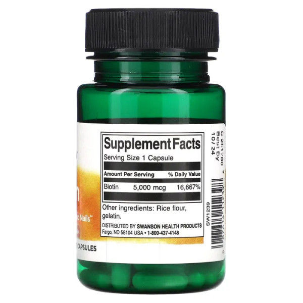 Біотин, Biotin, Swanson, 5000 мкг, 30 капсул