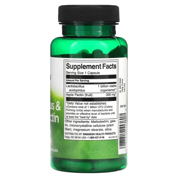 Пробіотик ацидофілус і яблучний пектин, Acidophilus & Apple Pectin, Swanson, 1 млрд КУО, 90 капсул