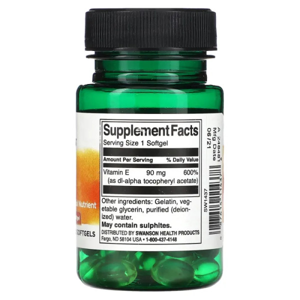 Вітамін Е, Vitamin E, Swanson, 200 МО (90 мг), 60 гелевих капсул