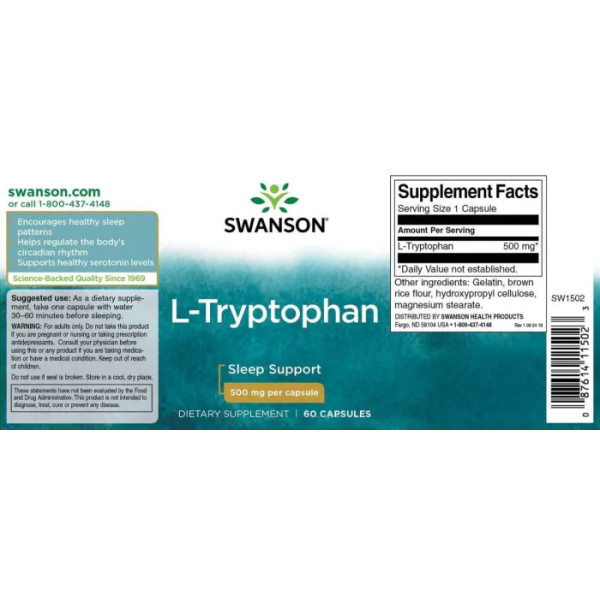 L-триптофан, L-Tryptophan, Swanson, 500 мг, 60 капсул