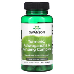 Куркума ашваганда и женьшень комплекс, Swanson Turmeric, Ashwagandha & Ginseng Complex, 60 капсул