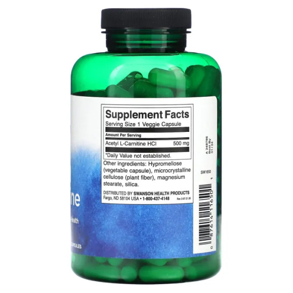 Ацетил L-карнітин, Acetyl L-Carnitine, Swanson, підтримка нервової системи, 500 мг, 240 вегетаріанських капсул