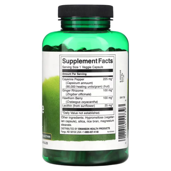 Кайєнський перець, Super Cayenne, Swanson, з кореневищем імбиру, ягодами глоду та лецитином, 250 рослинних капсул