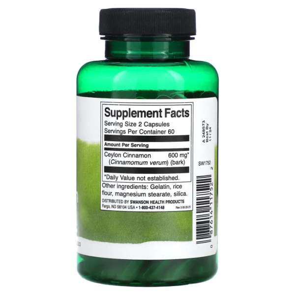 Кориця, True Cinnamon, Swanson, повний спектр, 120 капсул