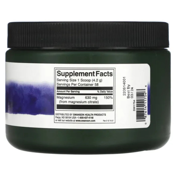 Магній цитрат, Magnesium Citrate, Swanson, чистий порошок, без смаку, 630 мг, 244 г