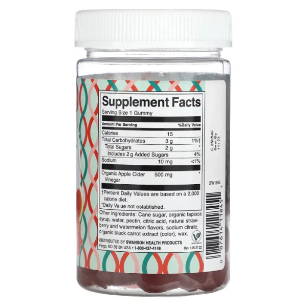 Яблучний оцет, Apple Cider Vinegar, Swanson, кавун із полуницею, 60 жувальних цукерок