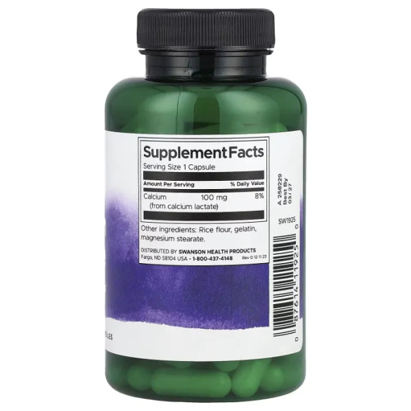 Кальцій лактат, Calcium Lactate, Swanson, 100 мг, 100 капсул