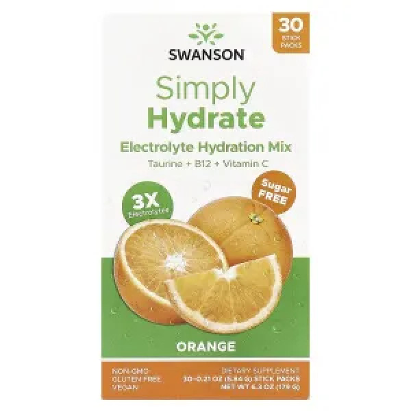 Електролітна суміш для гідратації, Simply Hydrate, Swanson, без цукру, апельсиновий смак, 30 саше по 5,84 г