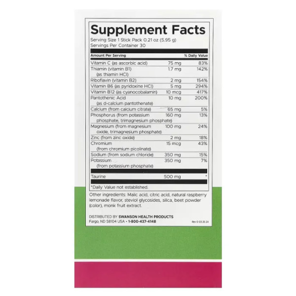 Електролітна суміш для гідратації, Simply Hydrate, Swanson, без цукру, малиновий лимонад, 30 саше по 5,95 г